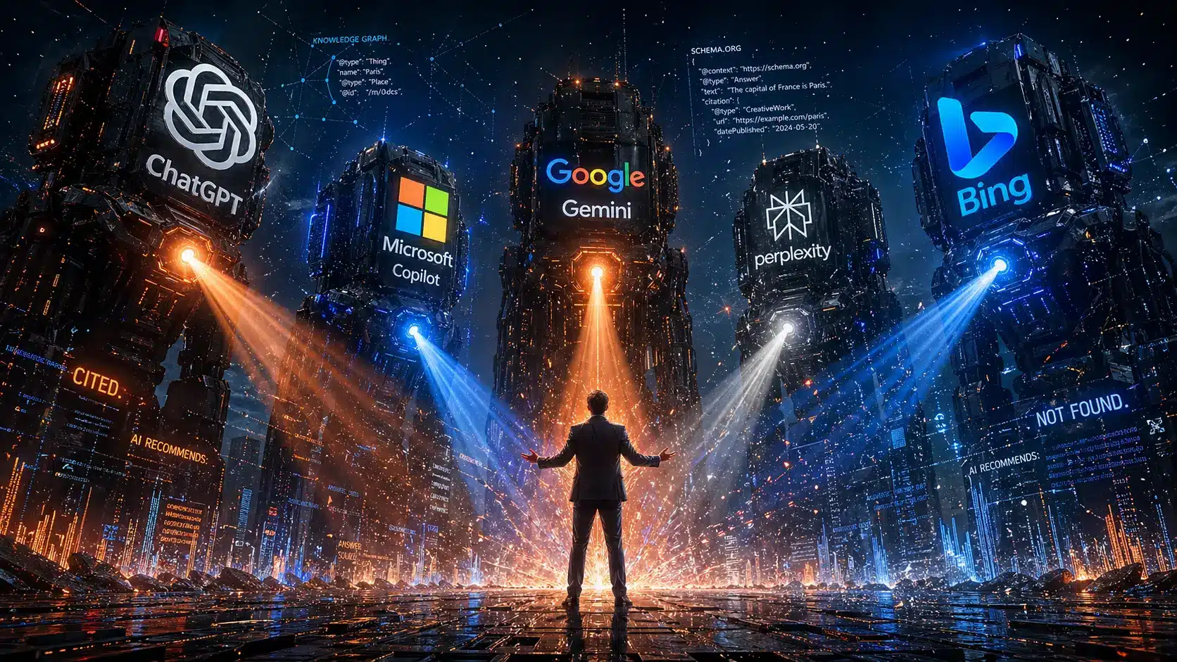 Muhammad Sukhera, AI Search Visibility Consultant and Founder of Ranknizer, represented as a lone consultant standing at the center of a digital battlefield surrounded by AI search giants — ChatGPT, Microsoft Copilot, Google Gemini, Perplexity AI, and Bing — with citation signals radiating outward