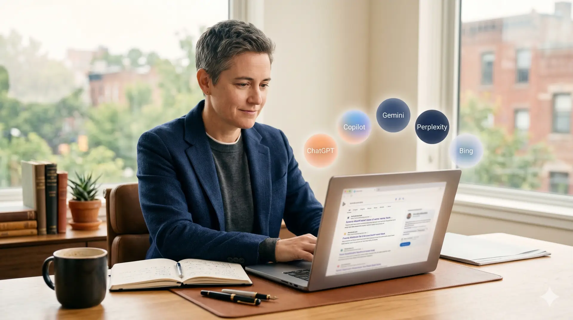 A professional at their desk discovers their brand being cited across AI search platforms including ChatGPT, Microsoft Copilot, Google Gemini, Perplexity AI, and Bing, representing the power of AI search visibility tools to surface the right businesses in AI-generated answers