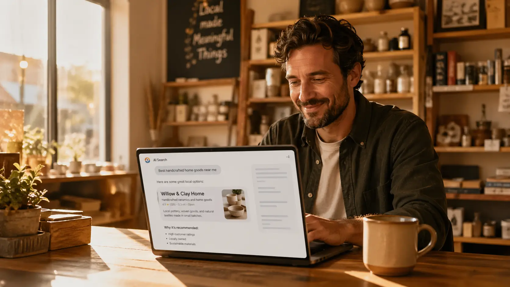 A small business owner smiles at their laptop as their business appears in AI-generated search results, photographed in warm morning light in their independent shop