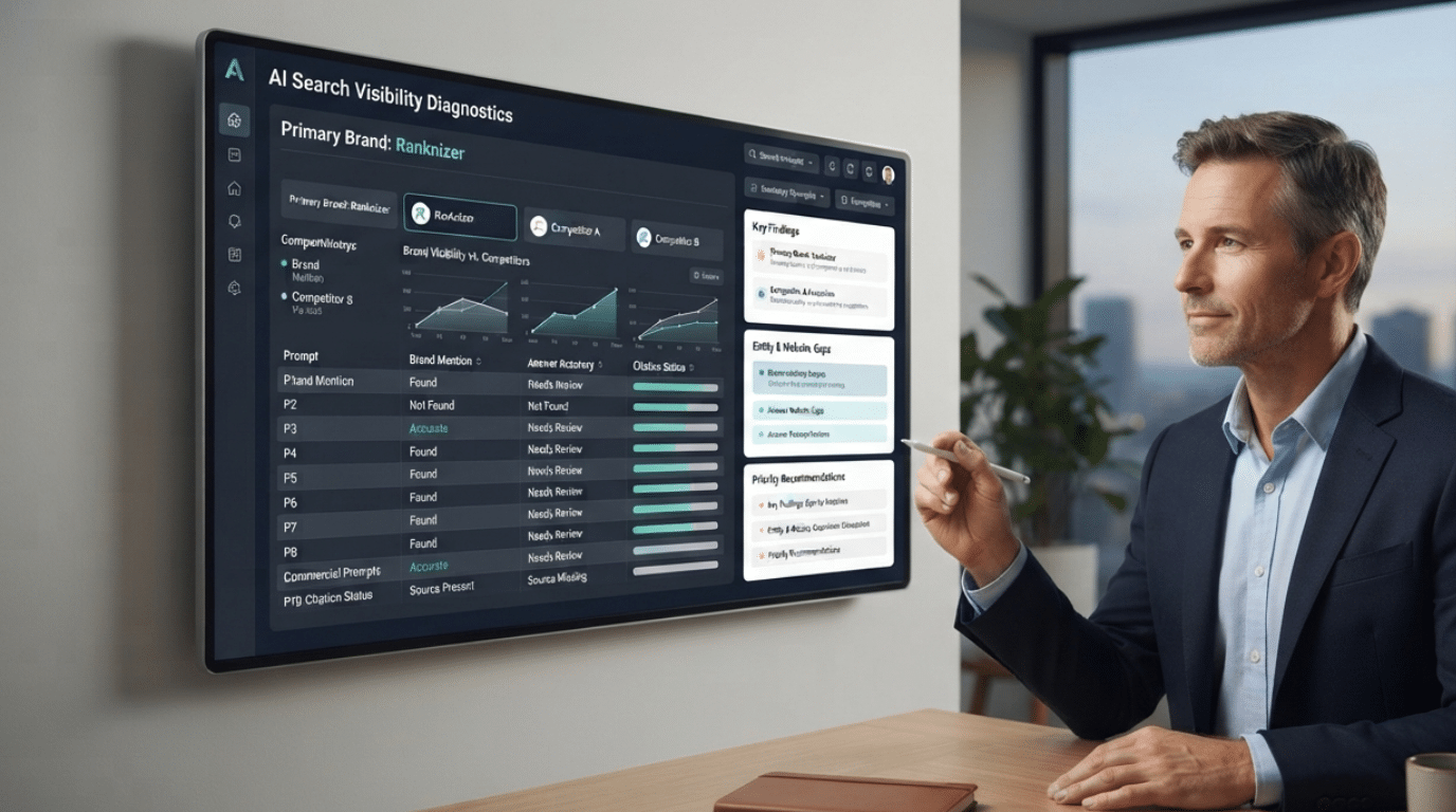 AI Search Visibility Audit showing brand mentions, competitor comparisons, commercial prompts and citation evidence