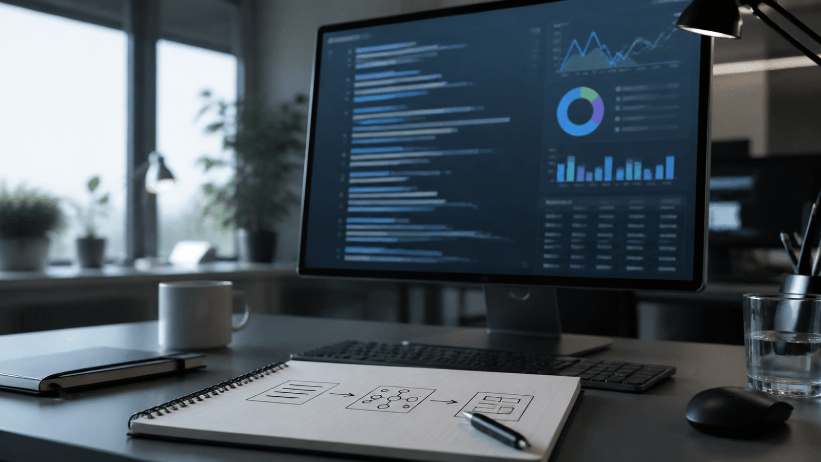 Photorealistic analyst workspace showing search quality monitoring and AI visibility measurement on a monitor and notebook