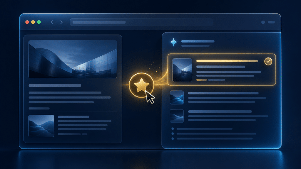 Editorial illustration showing a publisher article selected as a preferred source in a personalized AI search result