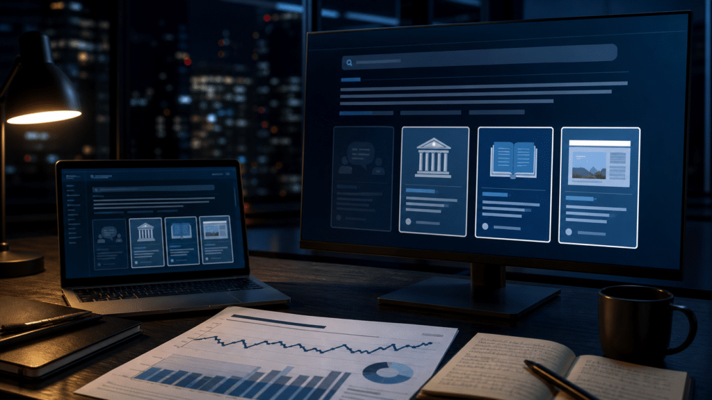 Photorealistic newsroom workstation showing AI search source cards and changing citation visibility
